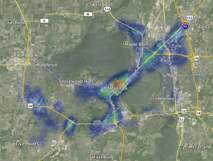 Distribution of Robberies in Madison, WI between 2008 and 2010.