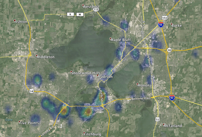Distribution of Shootings in Madison, WI between 2008 and 2010.