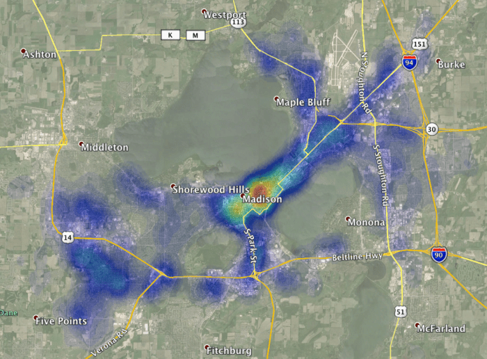 Distribution of Burglaries in Madison, WI between 2008 and 2010.