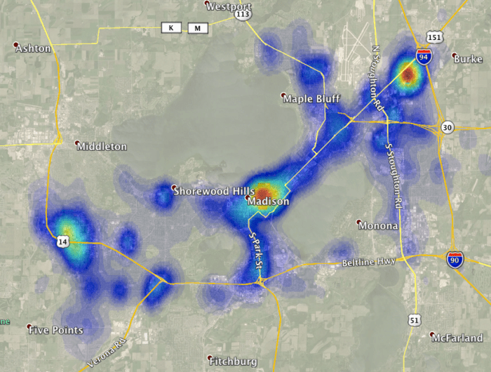 Distribution of Thefts in Madison, WI between 2008 and 2010.