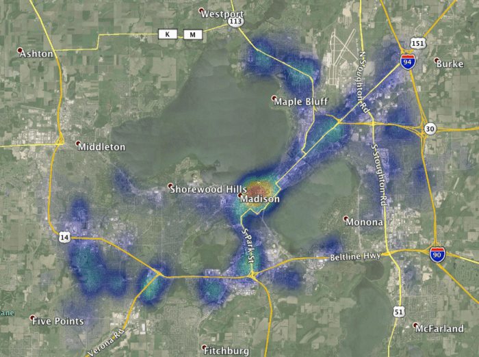 Distribution of Assaults in Madison, WI between 2008 and 2010.