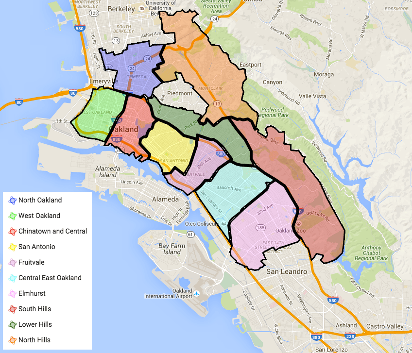 Map of the ten primary districts of Oakland, California. (Map provided by blog.ouroakland.net.)