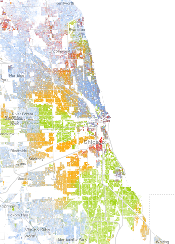 Population map for Chicago, Illinois; based on 2010 Census Bureau data. Obtained from UVA's Wheldon Cooper Center for Public Policy.