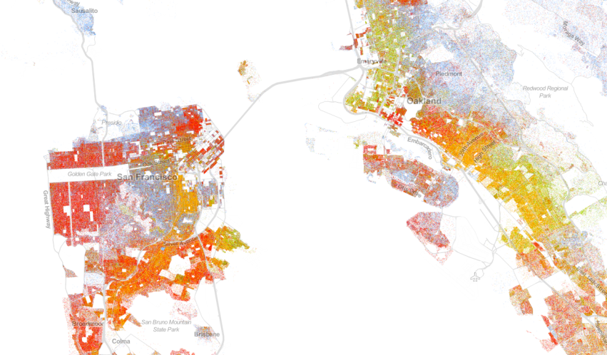 Population map for San Francisco and Oakland, California; based on 2010 Census Bureau data. Obtained from UVA's Wheldon Cooper Center for Public Policy.