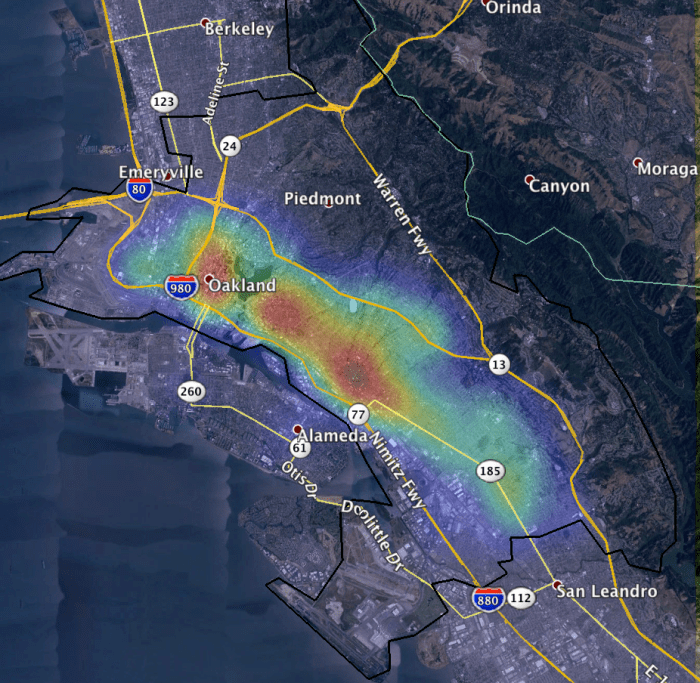 Distribution of Robberies in Oakland, California.
